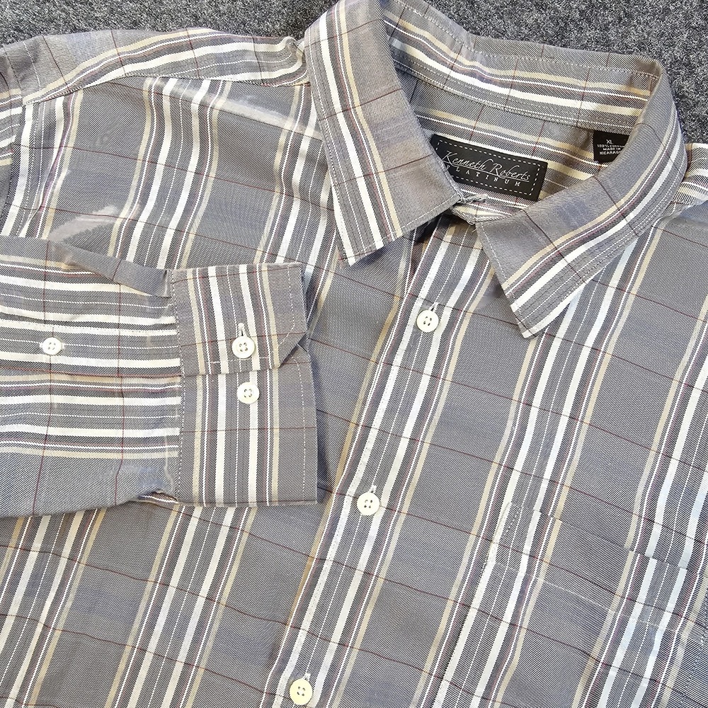 Kenneth Roberts Platinum Mens XL Plaid Button Up Shirt Brown/Gray Long Sleeve